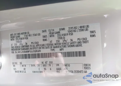 2015 Lincoln Mkc z USA, uszkodzony, nr VIN 5LMCJ1A99FUJ32620